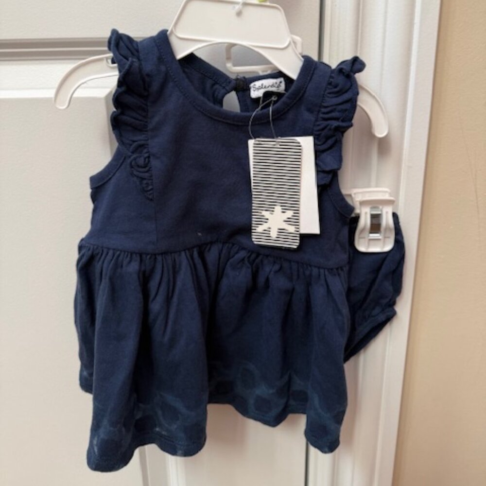 Splendid Navy Baby Dress & Bloomers (Size 3-6 Months)